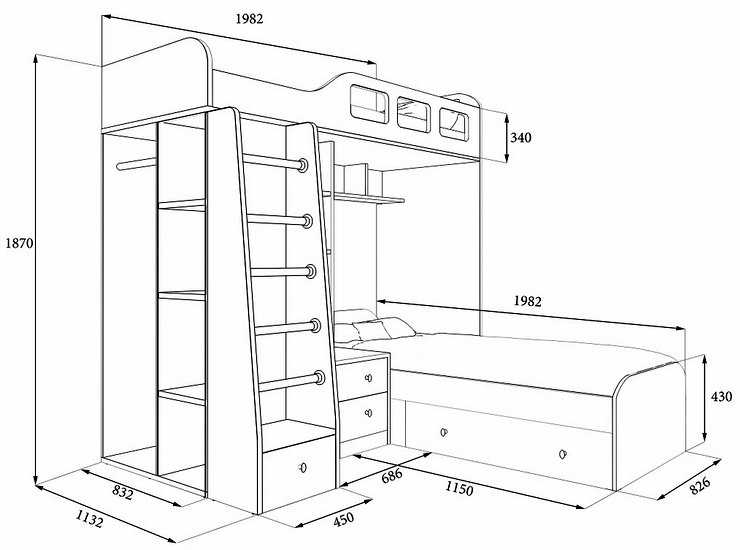 Схема и размеры двухъярусной кровати
